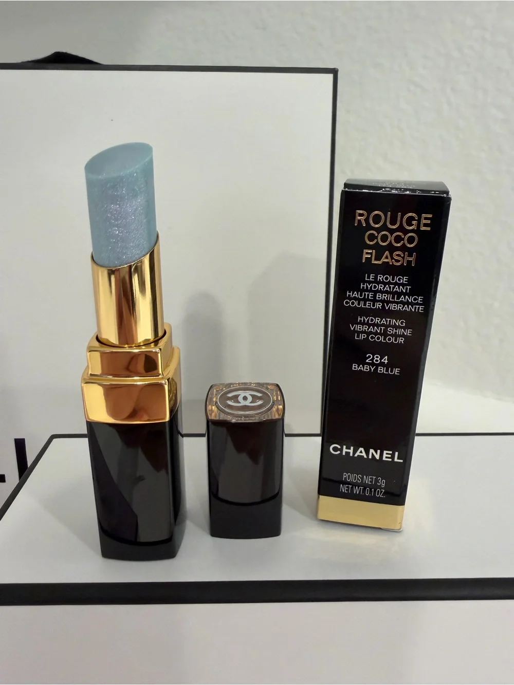 CHANEL Rouge Coco Flash Lipstick 284 Baby Blue CHANCE Velvet Pouch Bundle NWT